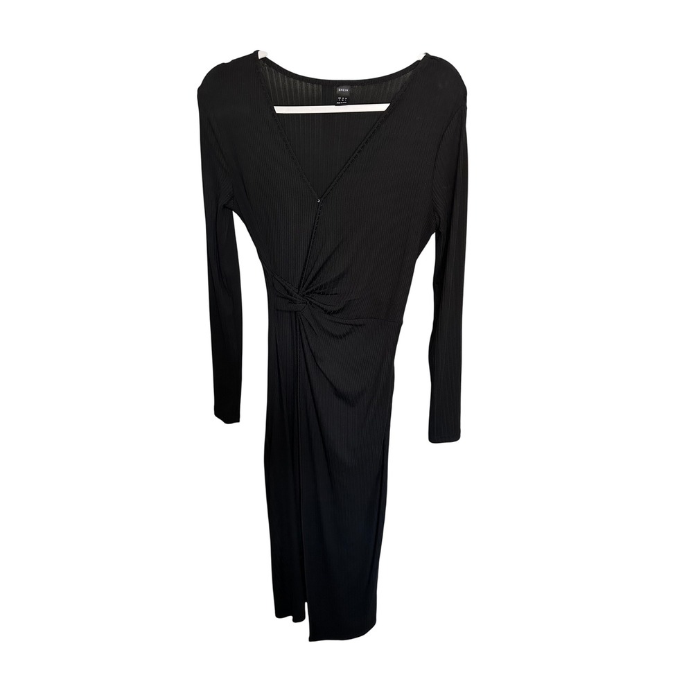 Shein Black Ribbed Long‎ Sleeve Knot Front Midi Dress Bodycon